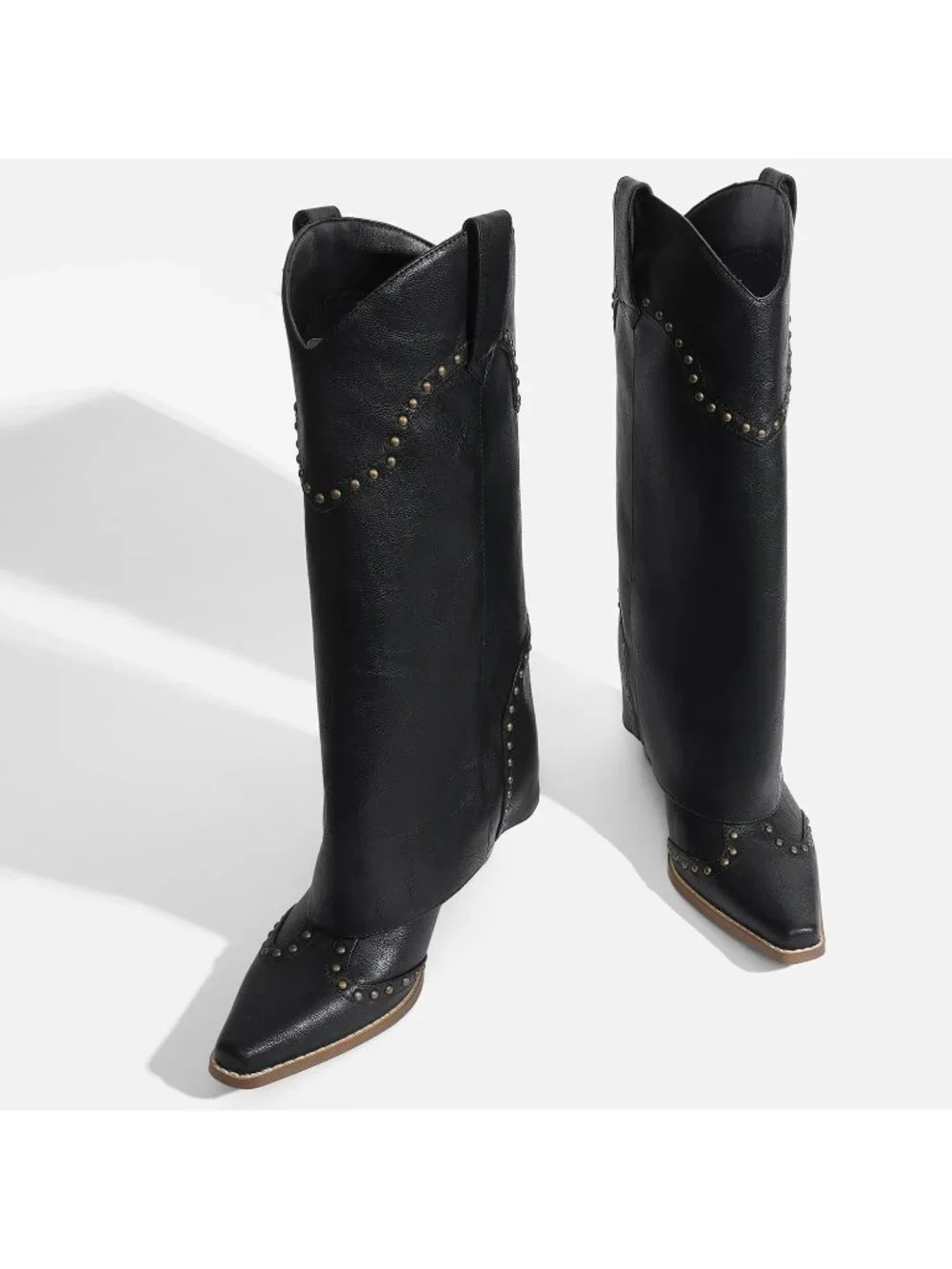 Women's Black Chunky Heel Snip Toe Fold Over Cowgirl Knee High Shark Boots